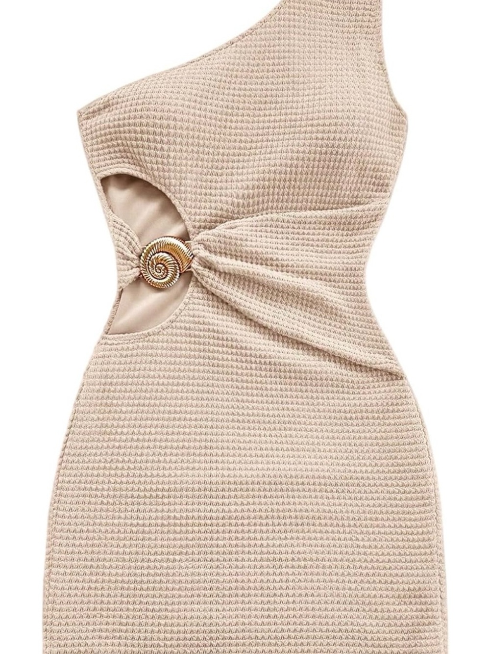 One-Shoulder Beige Cutout Bodycon Dress with Gold Accent